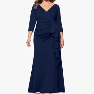 Xscape Ruched Scuba Knit Side Ruffle Gown in Navy Blue Size 20W